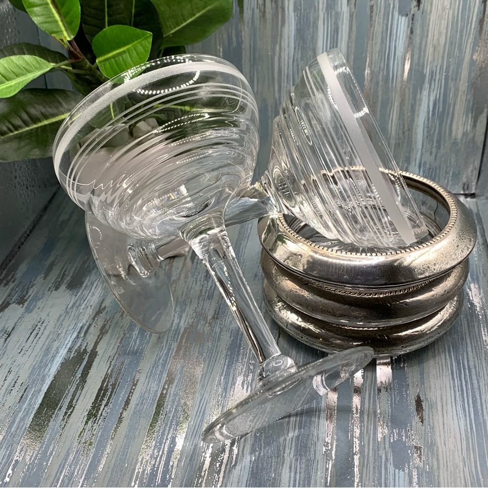 Vintage set of 5 gray cut design champagne glasses.